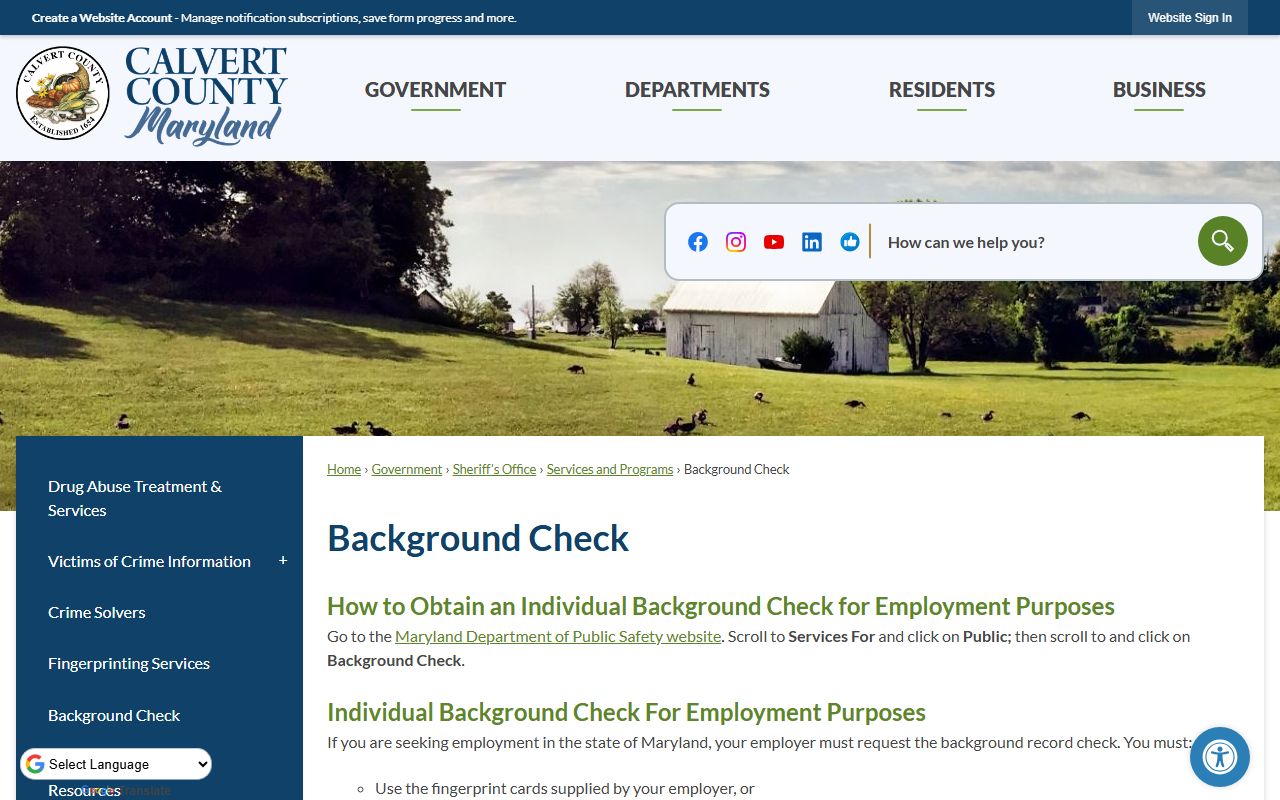 Calvert County criminal history court clerk records page