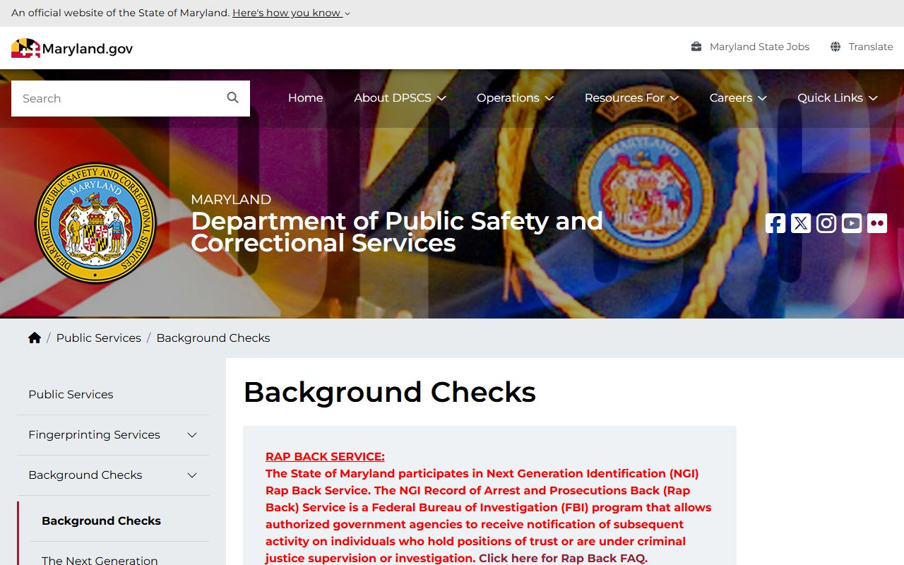 DPSCS background checks page for Maryland criminal history records