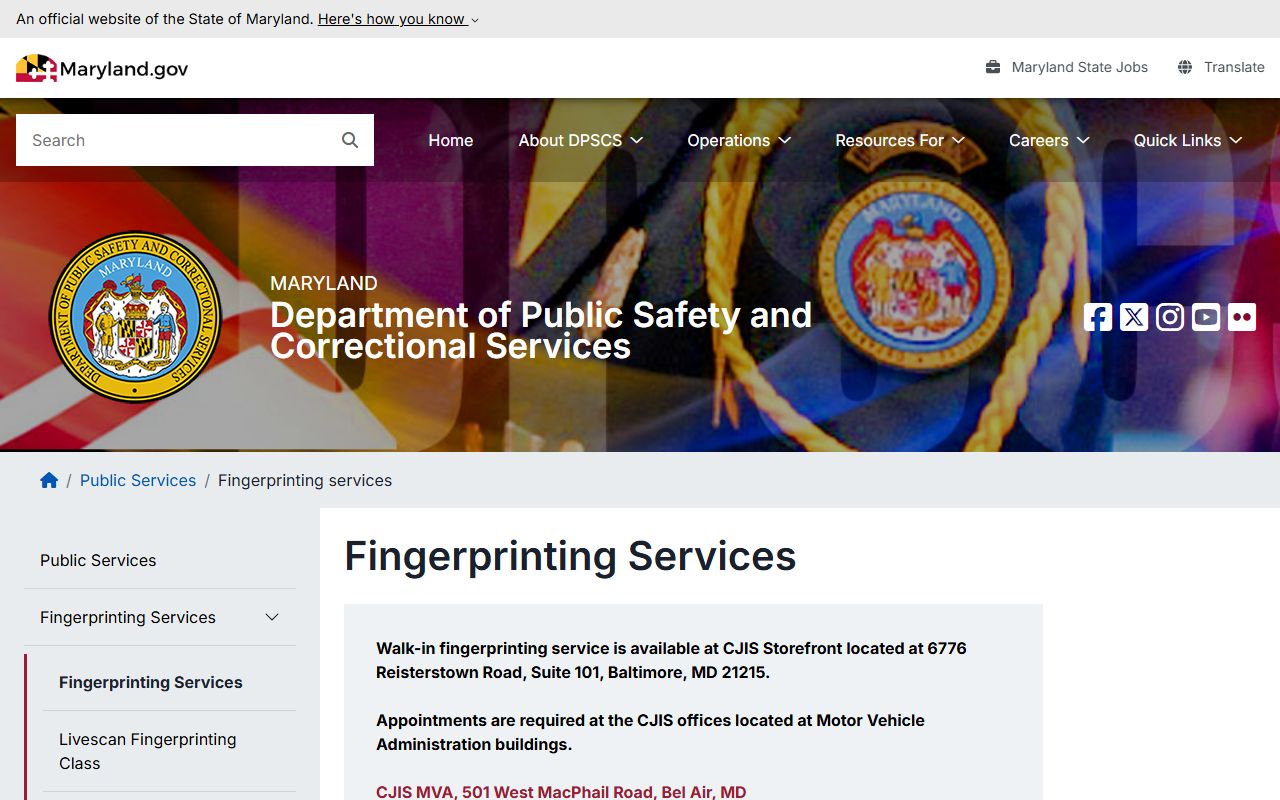 DPSCS fingerprinting services for Maryland criminal history checks
